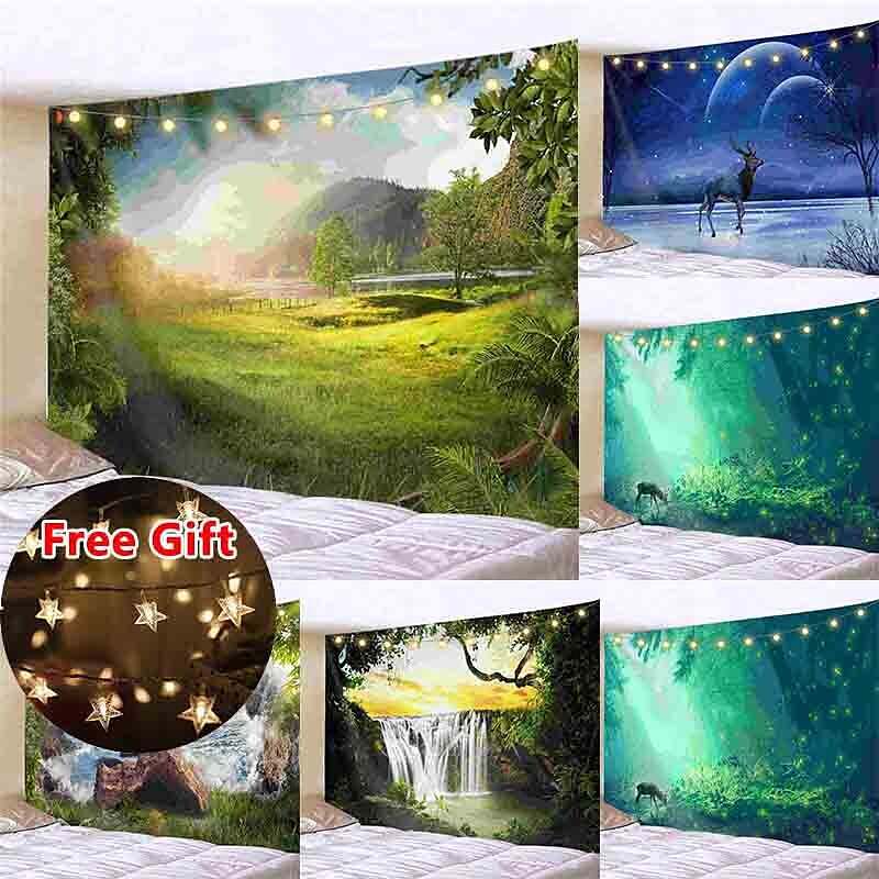 Landscape LED Lights Wall Tapestry Art Decor Forest Reindeer Print