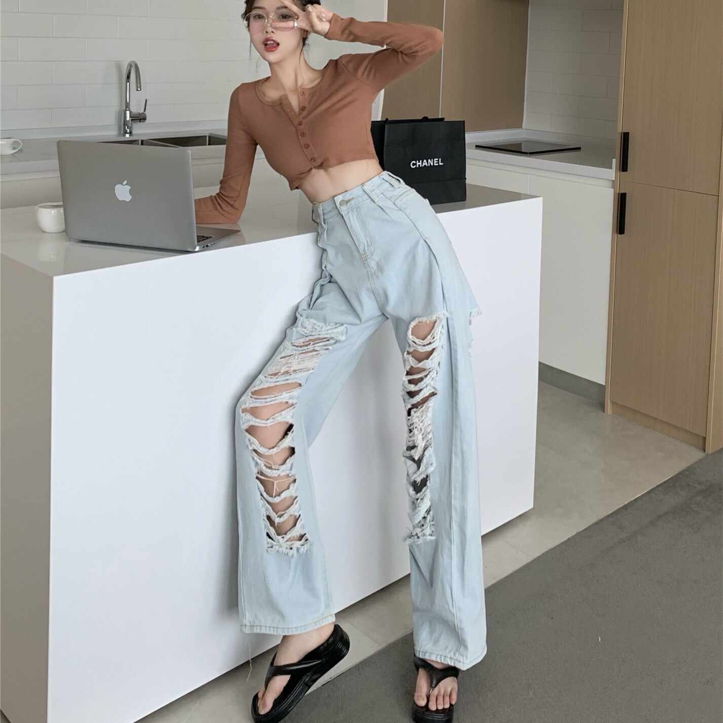 Ripped Straight Wide Leg Pants