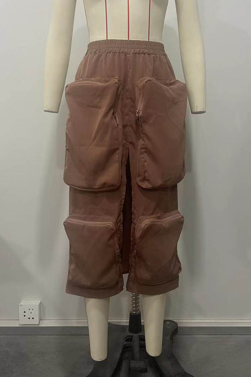 Brown Street Solid Patchwork Pocket High Opening Zipper Straight High Waist Straight Solid Color Bottoms