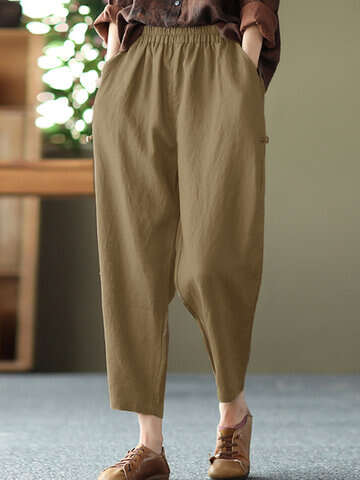 Women Pants & Capris | Solid Pocket Elastic Waist Casual Cotton Pants - VD36288
