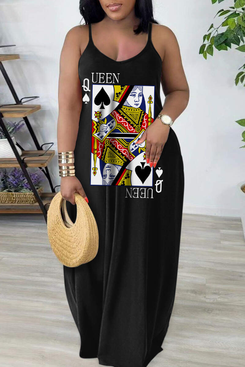 Black Red Sexy Casual Print Backless Spaghetti Strap Long Dress Dresses