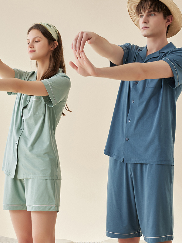 Modal V Neck Loose Simple Regular Sleeve Matching Couple Pajamas Set