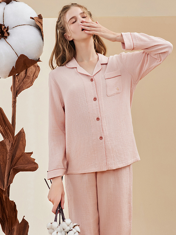 Plain Simple Loose Regular Sleeve Shawl Collar Long Sleeve Pajama Set