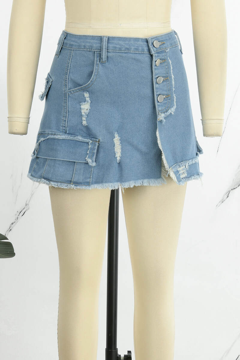 The cowboy blue Casual Solid Ripped Patchwork Slit High Waist Skinny Denim Skirts