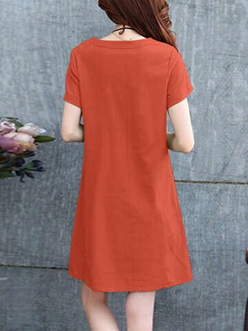 Women Casual Dresses | Solid Short Sleeve Pocket Casual Crew Neck Dress - AX71567