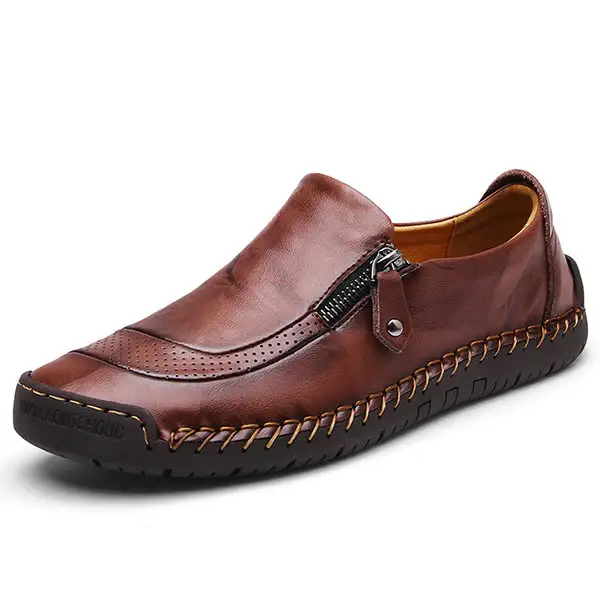 Men Hand Stitching Zipper Slip-ons Leather Shoes