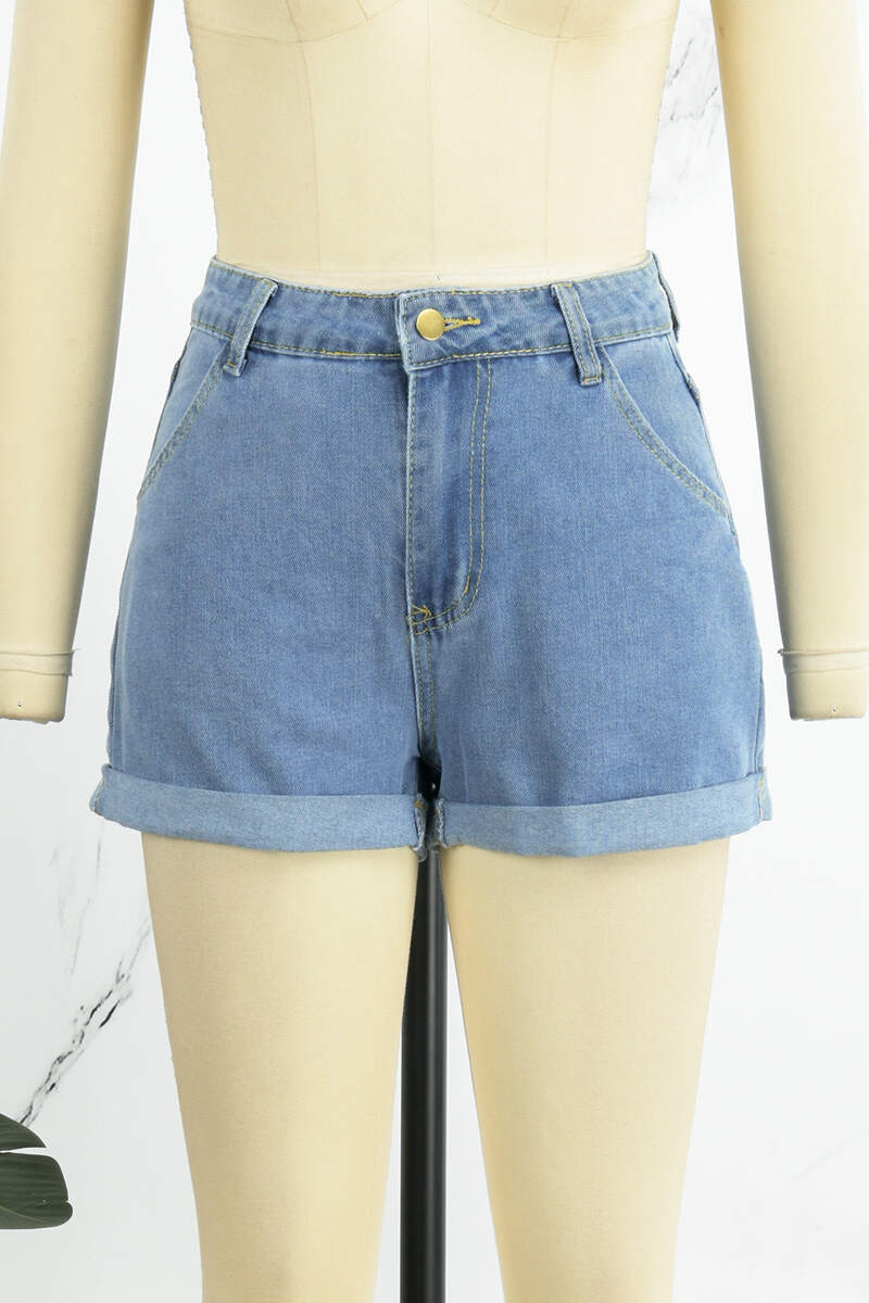 Baby Blue Casual Solid Patchwork High Waist Regular Denim Shorts