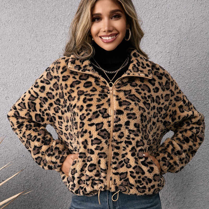 Ladies Leopard Print Lapel Zip Furry Jacket