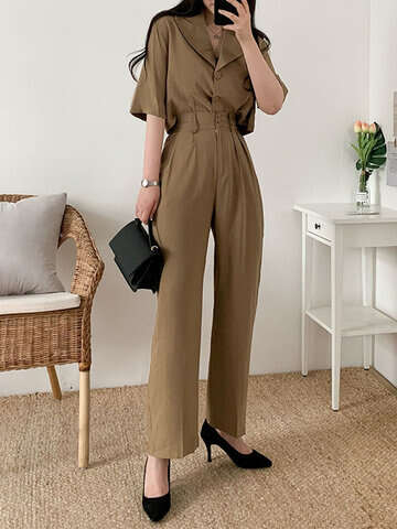 Women Suits & Co-ords | Solid Button Front Pocket Lapel Short Sleeve Two Pieces Suit - QH23002