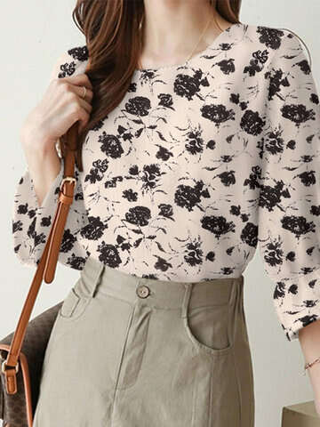 Women Blouses & Shirts | Random Allover Floral Print Crew Neck 3/4 Sleeve Blouse - KX82842