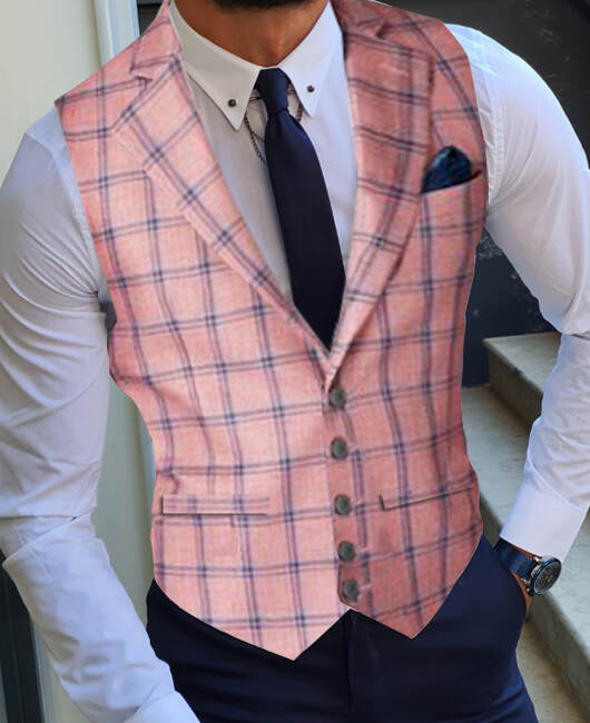OK Fashion Pink Plaid Print Notch Lapel Single Breasted Blazer Vest