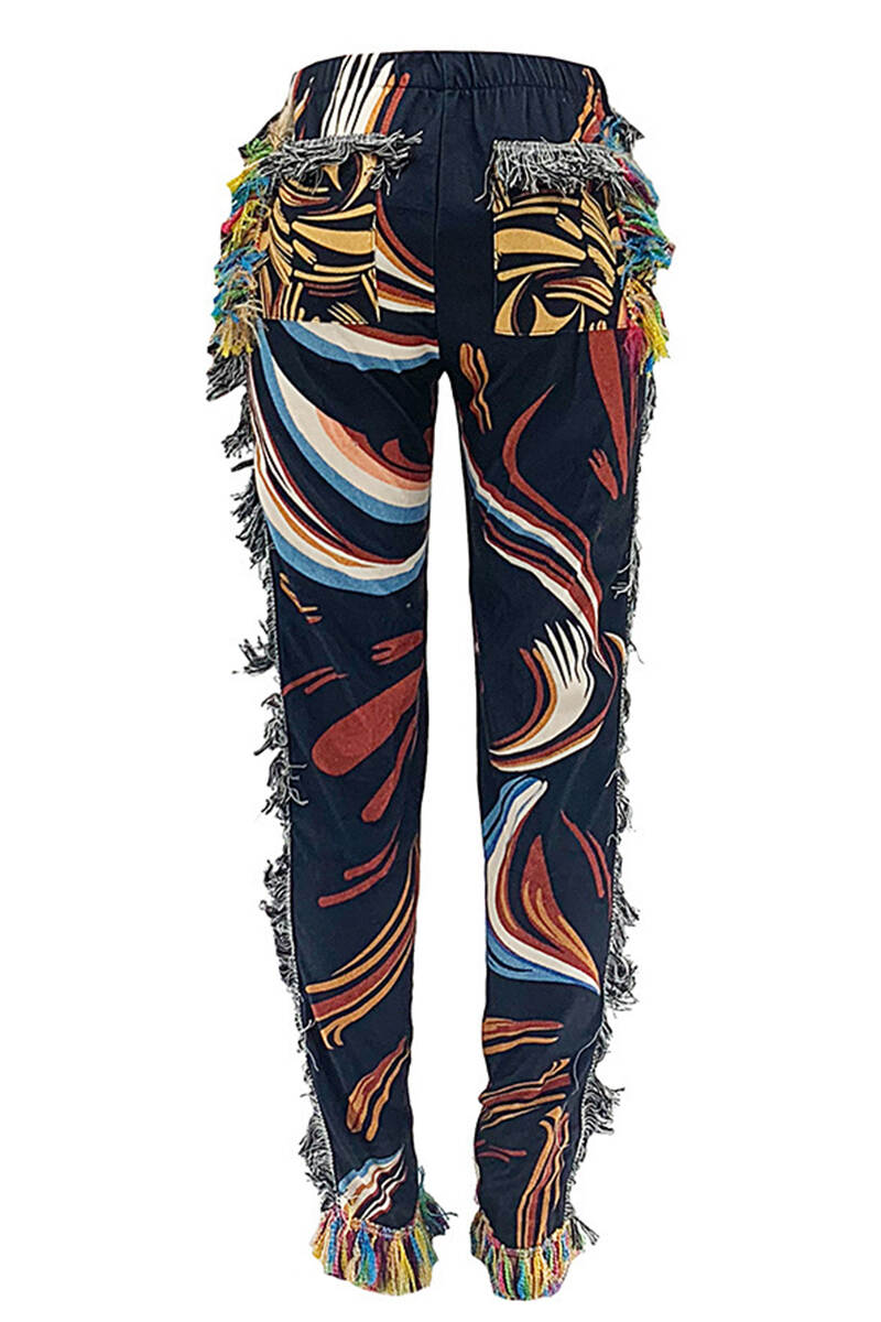 Colour Casual Print Tassel Patchwork Regular Low Waist Full Print Bottoms