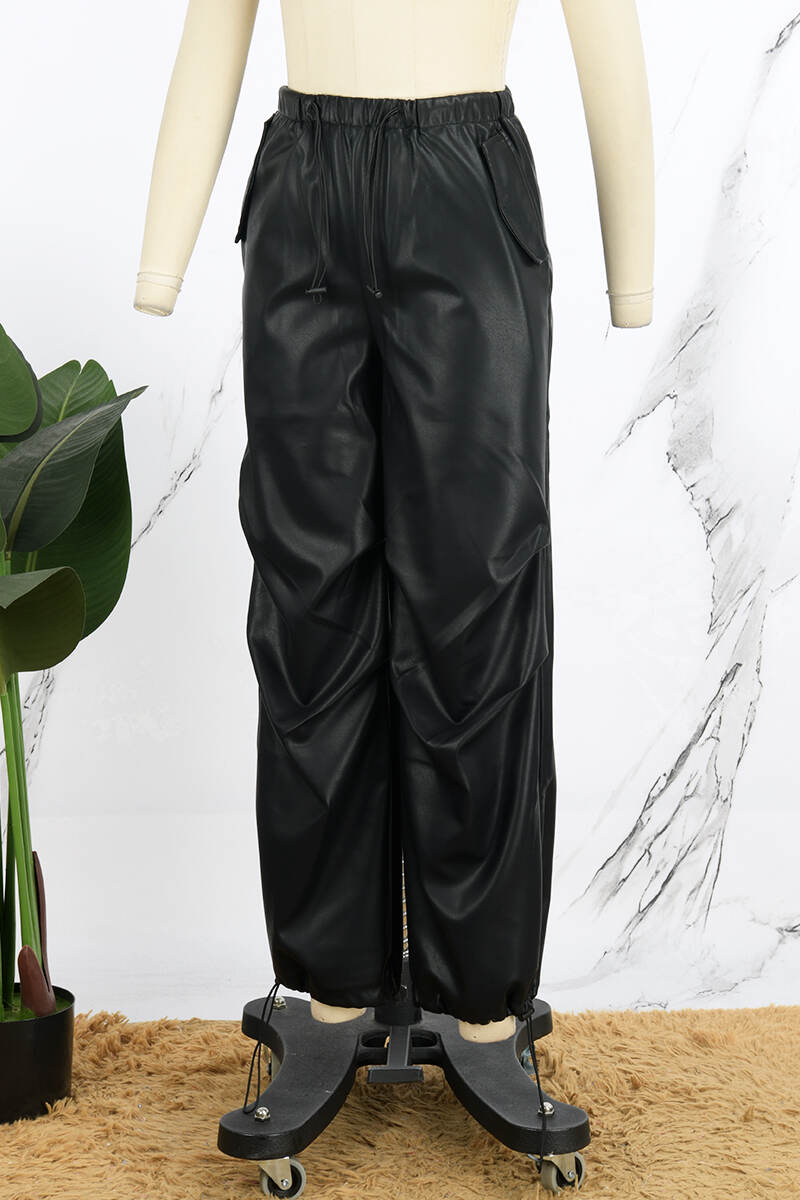 Black Street Solid Patchwork Draw String Pocket Straight Mid Waist Straight Solid Color Bottoms