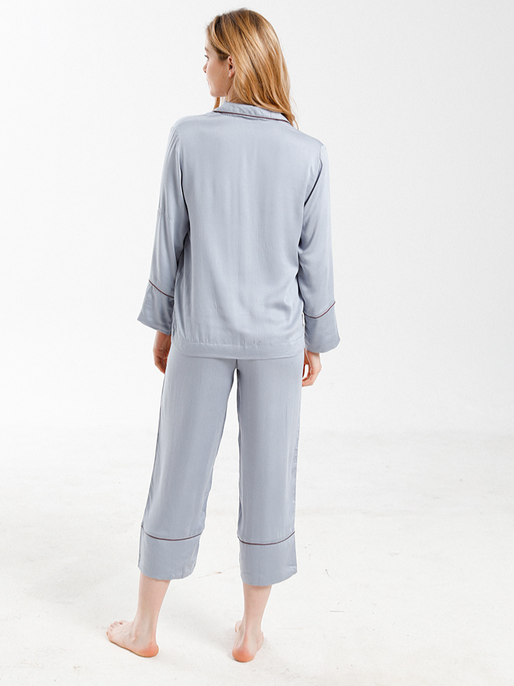 V Neck Simple Regular Fit Plain Long Sleeve Pajama Set