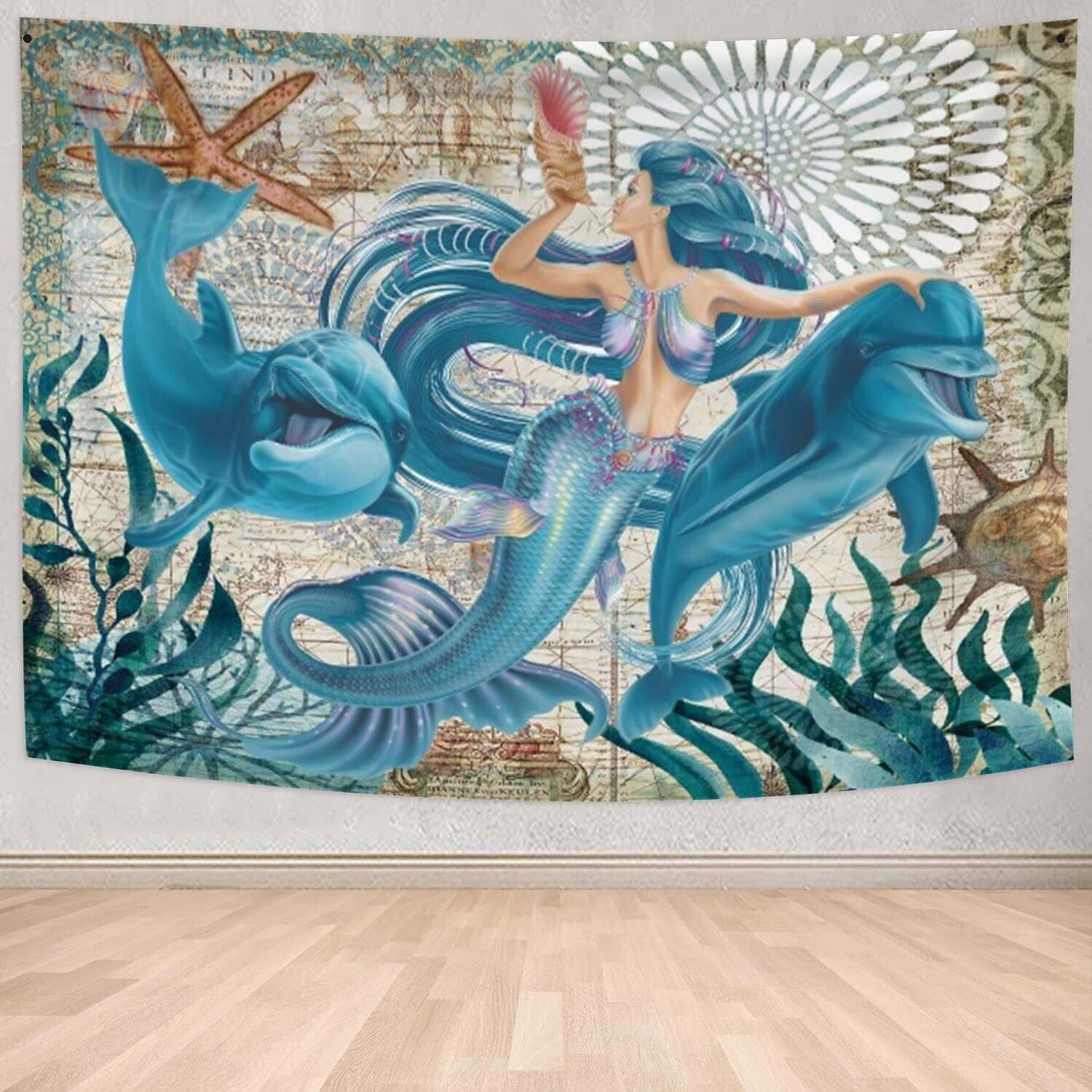 Cute Mermaid and Dolphin Wall Tapestry Art Decor