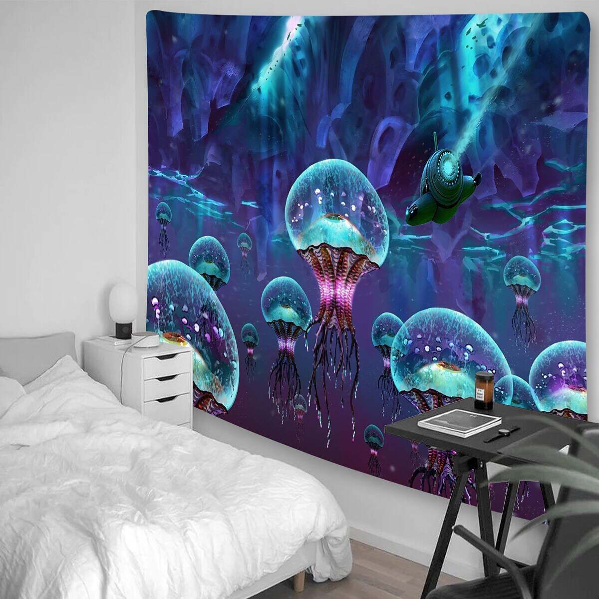 Black UV Light Jellyfish Psychedelic Tapestry