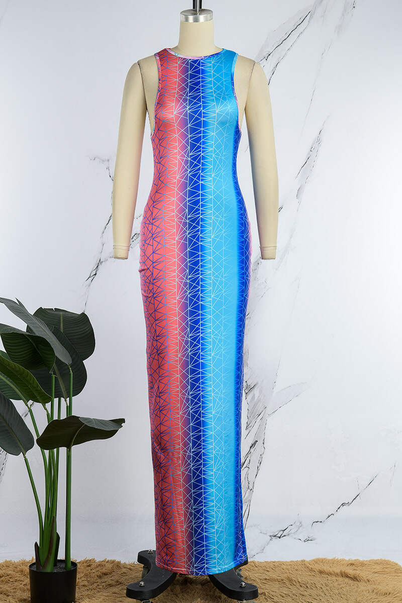 Multicolor Sexy Casual Print Basic O Neck Long Dress Dresses