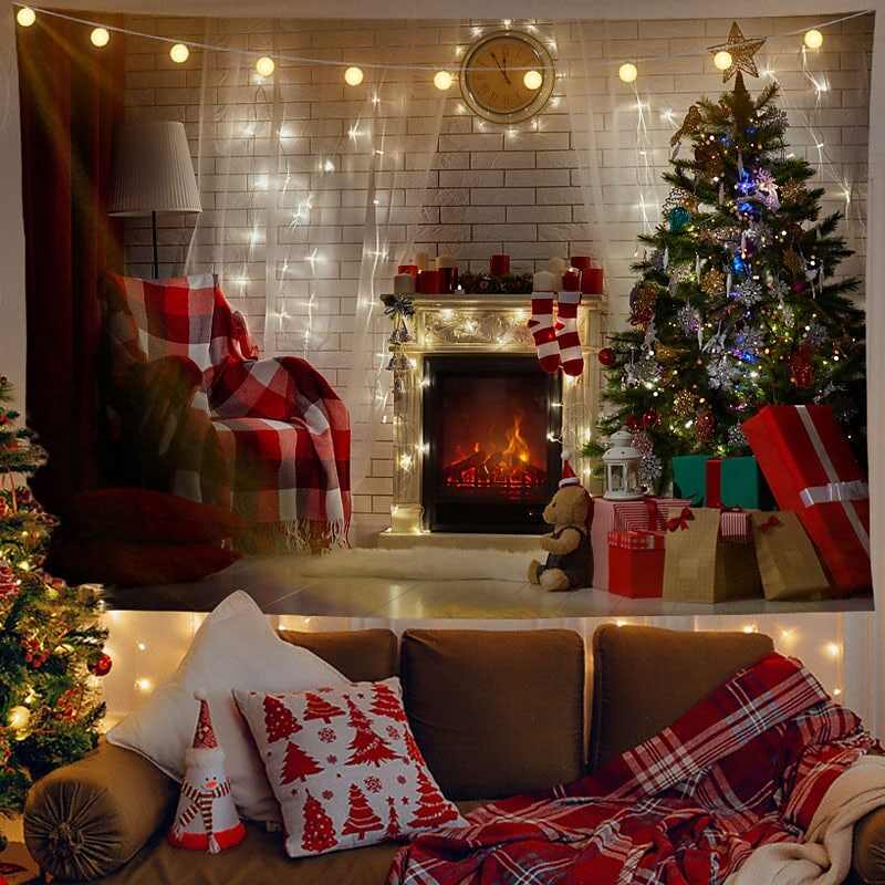 Christmas Decor LED Lights Wall Tapestry Christmas Tree Fireplace Print