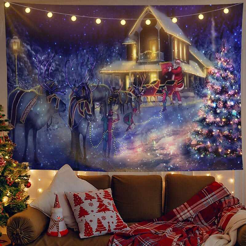 Christmas Decor LED Lights Wall Tapestry Santa Claus Christmas Tree Print