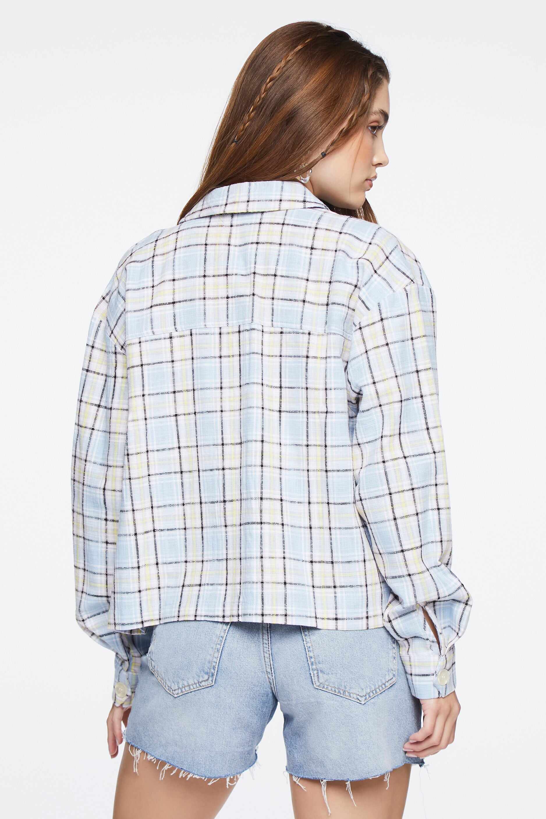 Women Apparel | Plaid Button-Front Shacket Light Blue Forever21 - SU99823