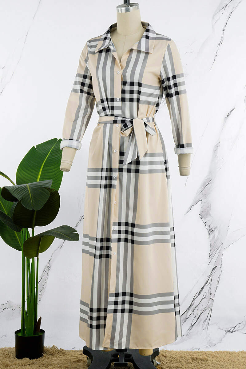 Khaki Elegant Plaid Geometric Striped Bandage Patchwork Buckle Printing Shirt Collar Printed Dress Dresses