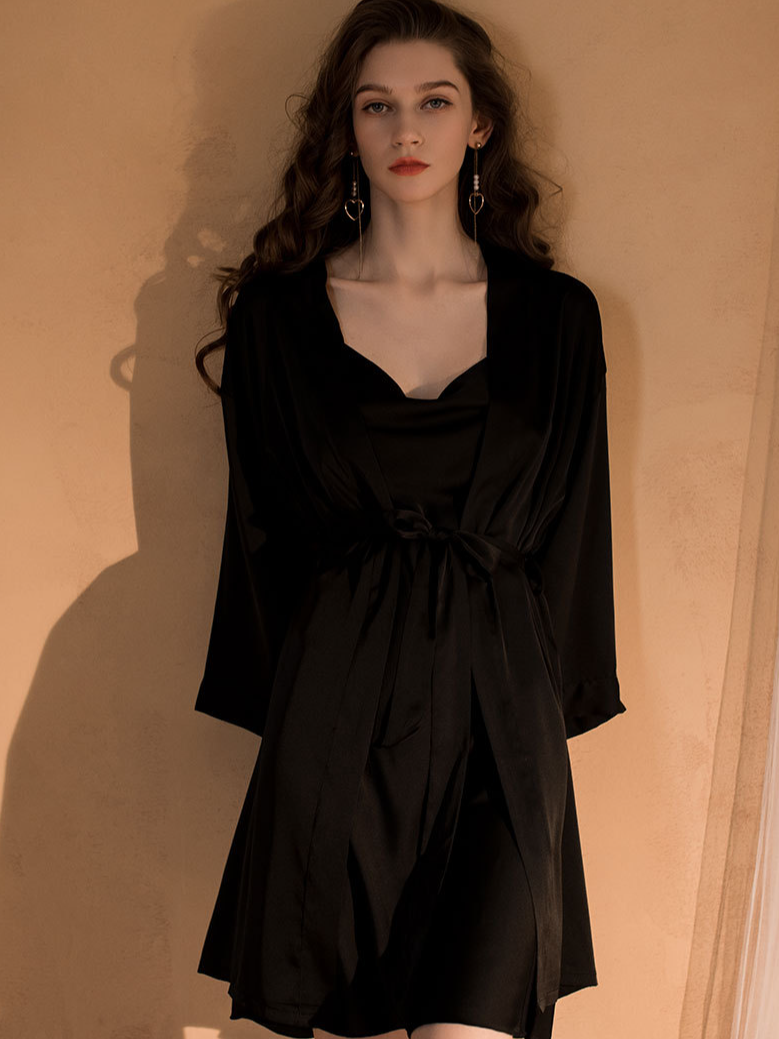 Regular Fit V Neck Plain Edgy Nightdress and Robe Two-piece Set