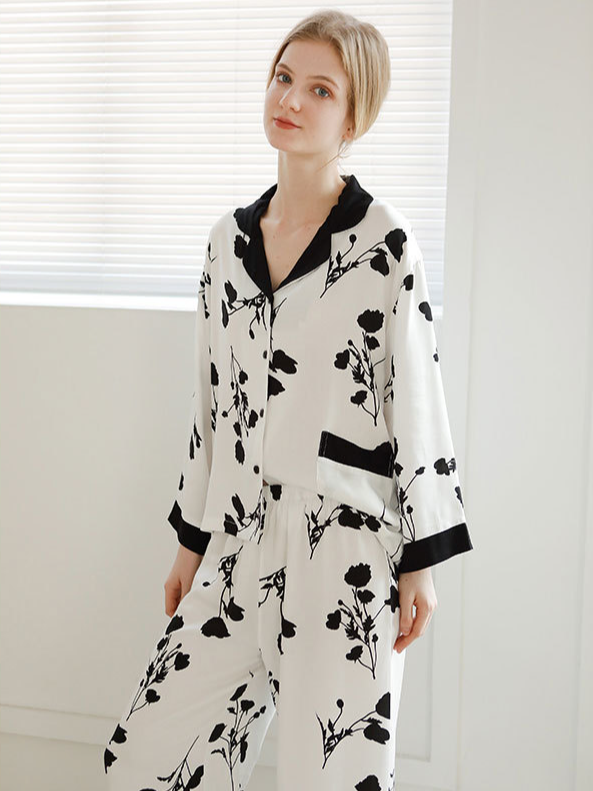 Loose Casual Floral Pattern V Neck Long Sleeve Pajama Set