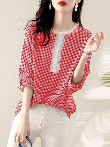 Women Blouses & Shirts | Check Print Long Sleeve Crew Neck Panel Blouse - HR85805