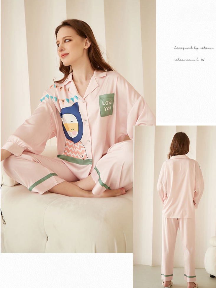 Simple Cartoon Ice Silk Loose Long Sleeve Pajama Set