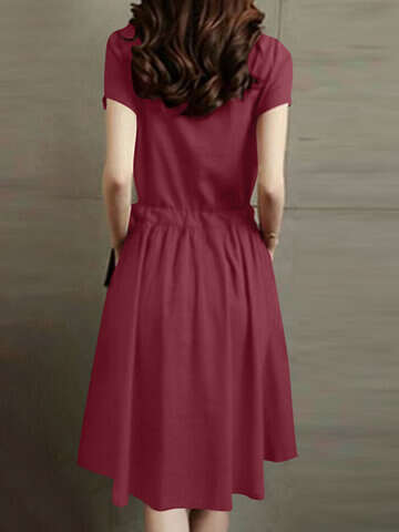 Women Maxi Dresses | Leisure Solid Pocket Drawstring Short Sleeve Cotton Midi Dress - JD46425