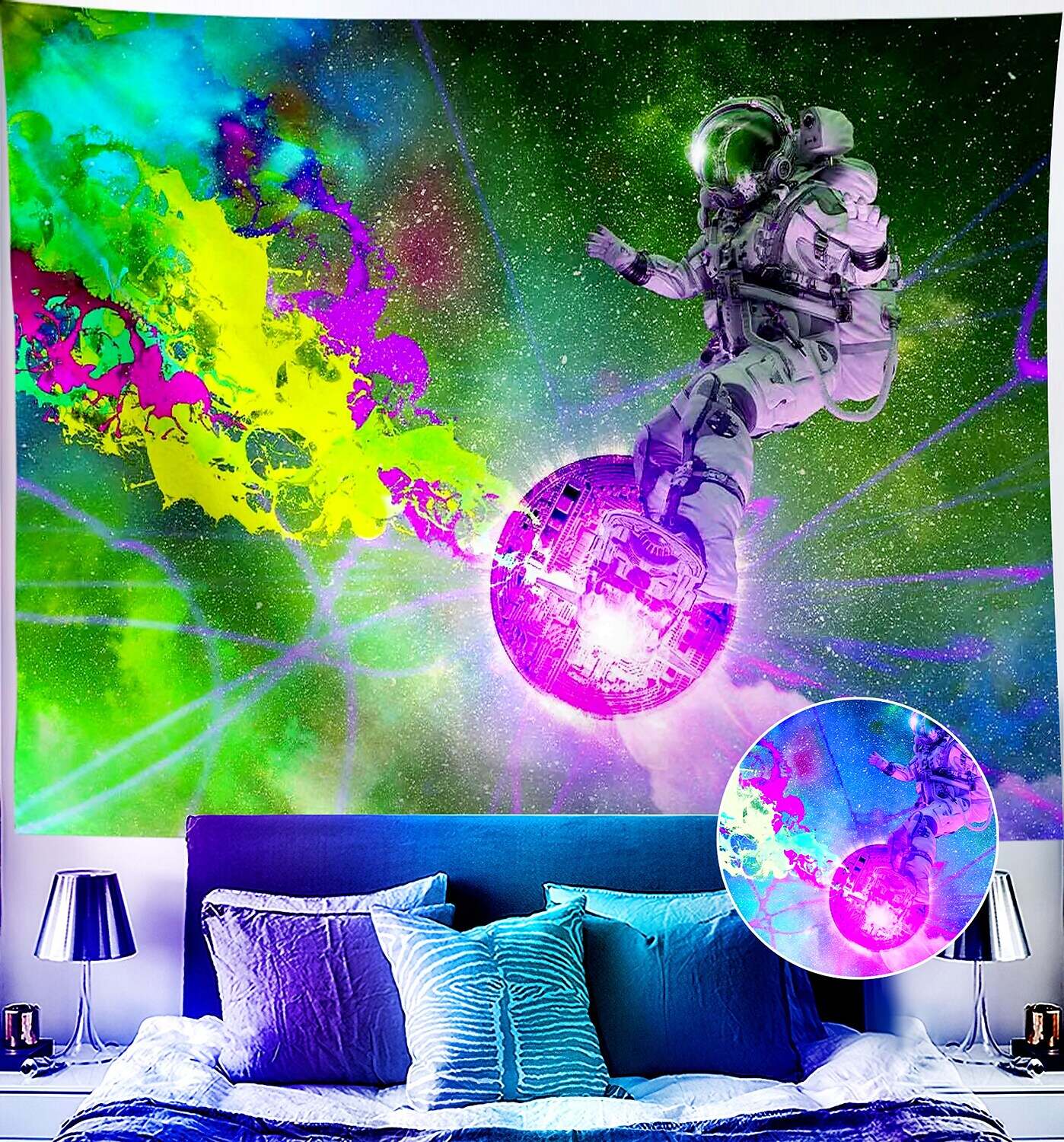 Astronaut Blacklight UV Reactive Wall Tapestry Universe