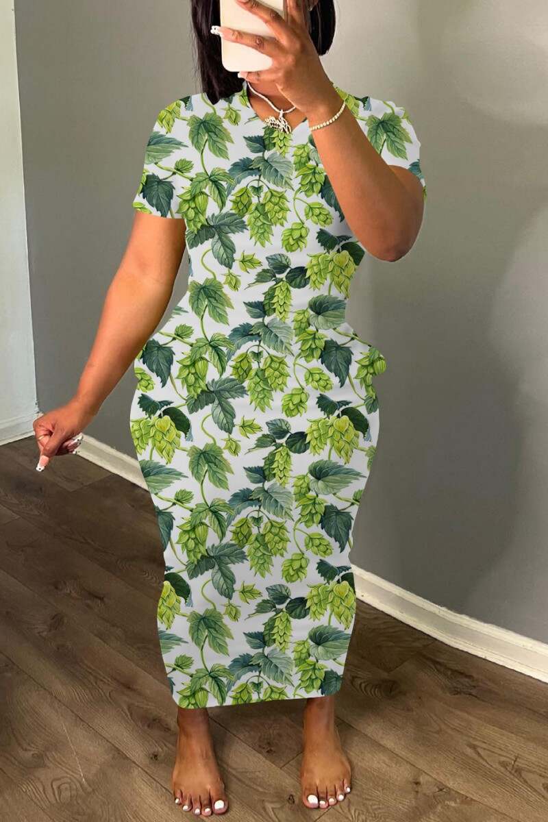 Green Casual Print Basic O Neck Long Dress Dresses