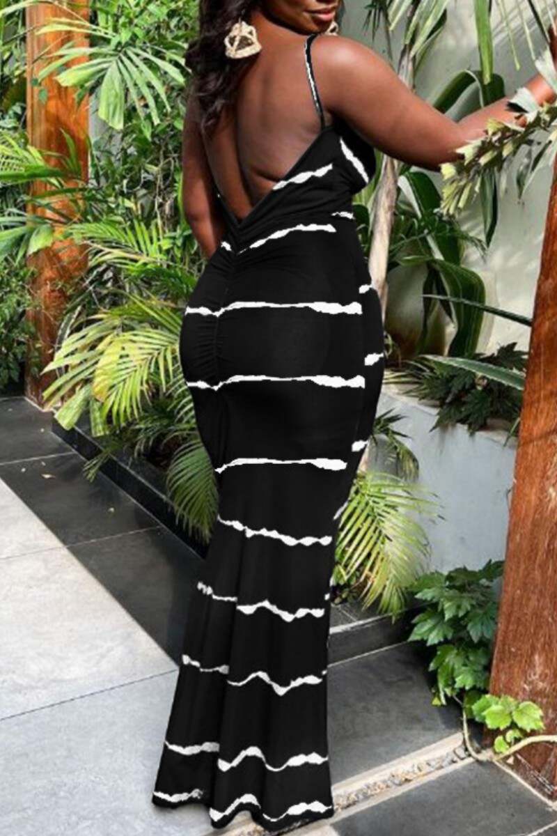 Black Sexy Casual Print Backless Spaghetti Strap Long Dress Dresses