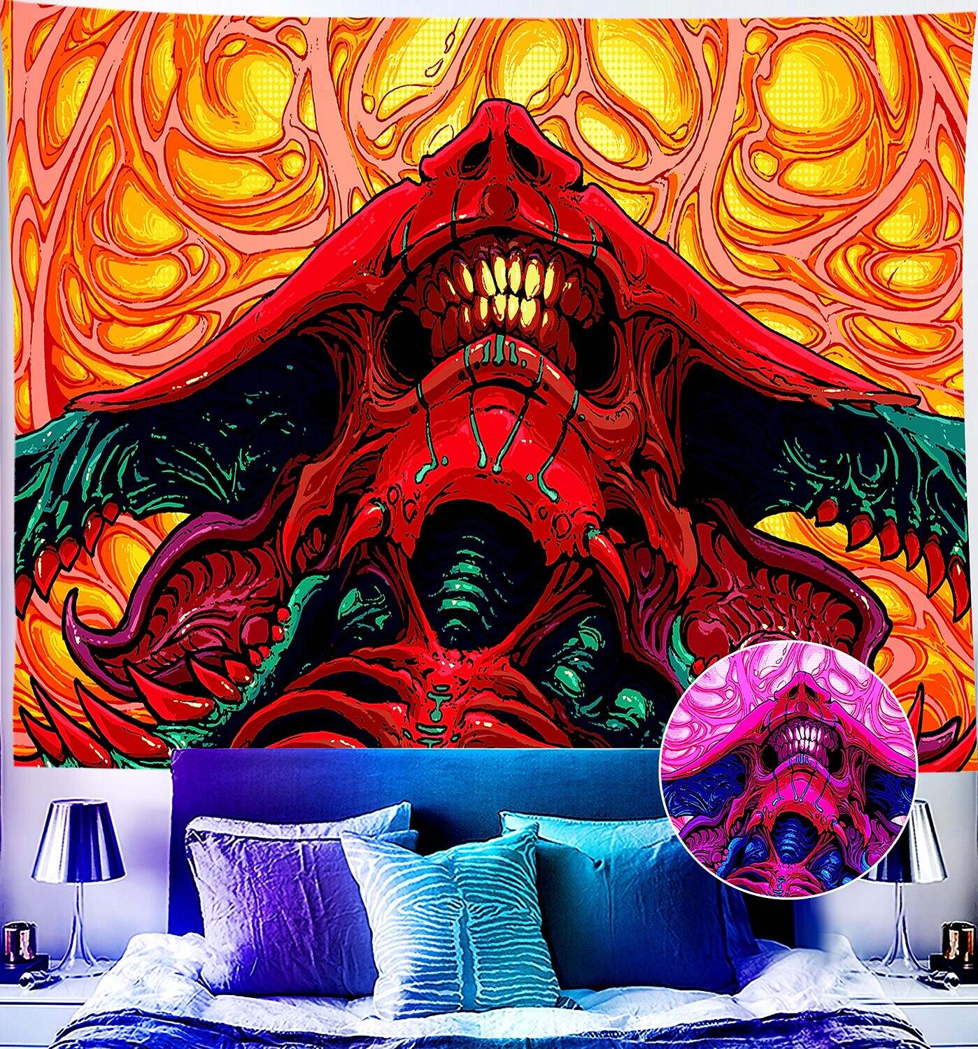 Trippy Blacklight UV Reactive Wall Tapestry Weed Alien Psychedelic