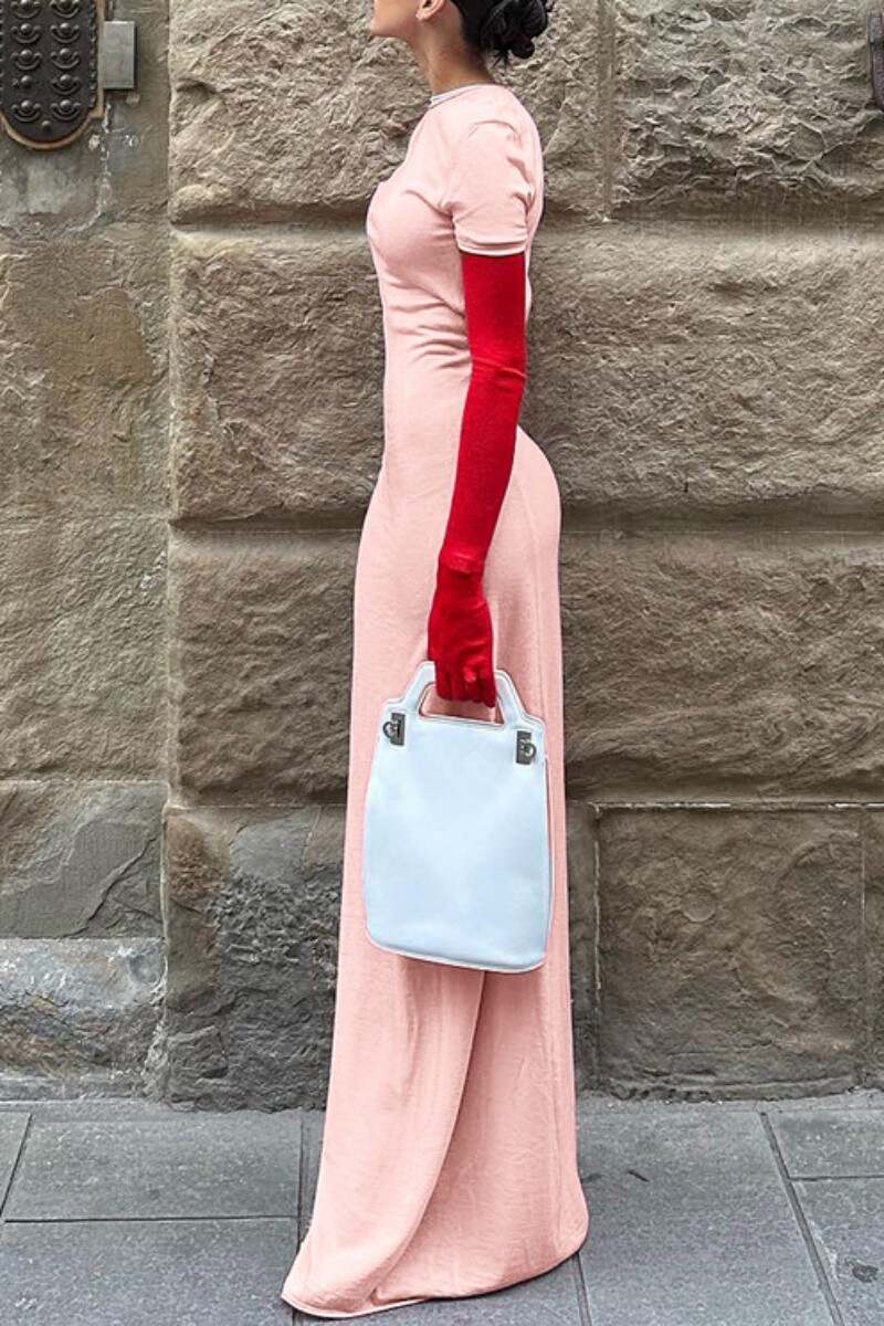 Pink Casual Solid Patchwork Contrast O Neck Long Sleeve Dresses