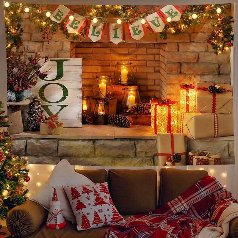 Christmas Decor LED Lights Wall Tapestry Santa Claus Christmas Tree Print