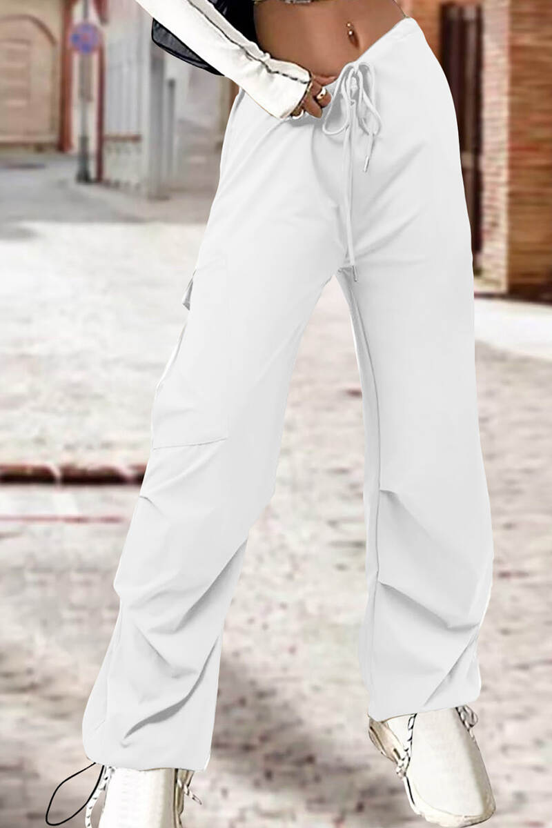 White Street Solid Patchwork Draw String Pocket Straight High Waist Straight Solid Color Bottoms