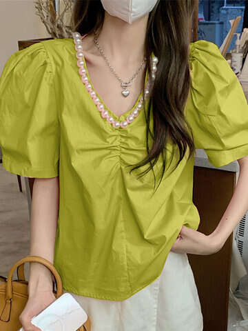 Women Blouses & Shirts | Women Puff Sleeve Solid Pearl Decor V-neck Blouse - HZ74864