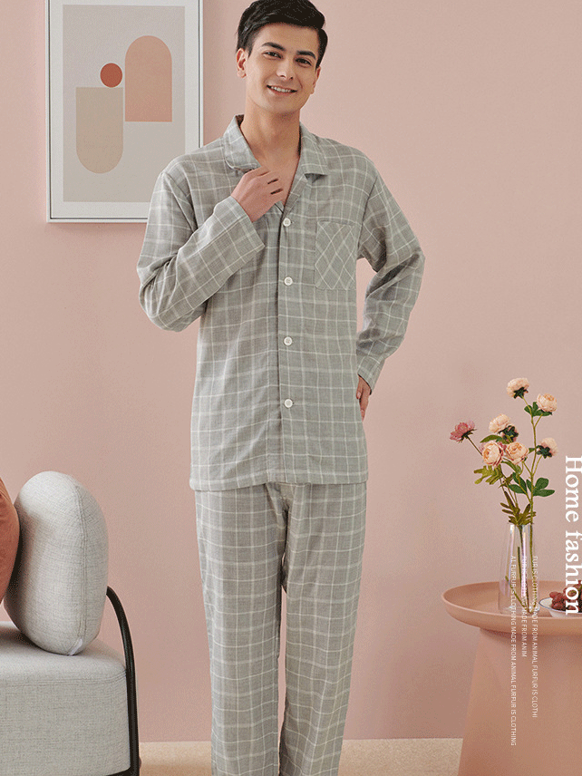 Houndstooth Regular Fit Simple Shawl V-neck long sleeves Collar Couple Pajama Set