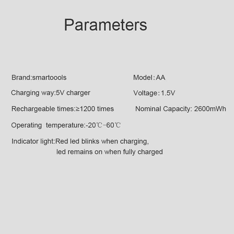 High capacity USB rechargeable Li-ion battery 1.5V AA 2600 mWh