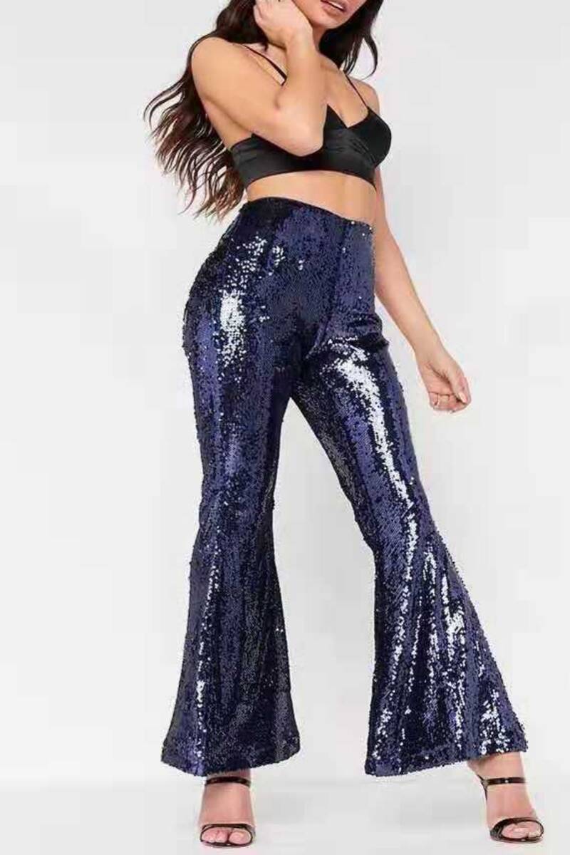 Black Casual Patchwork Sequins Regular High Waist Conventional Patchwork Trousers