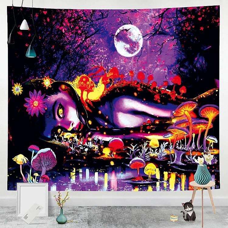 Trippy Girl Black Light Tapestry UV Reactive Psychedelic Mushroom Moon