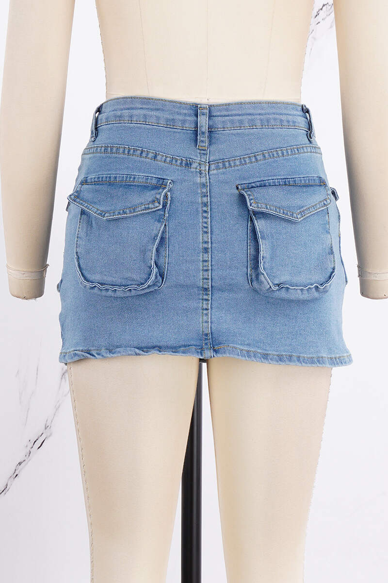 Blue Sexy Street Solid Patchwork Pocket Buttons Zipper Mid Waist Skinny Denim Skirts