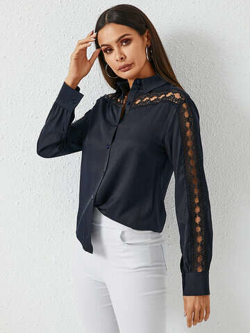 Women Blouses & Shirts | Lace Stitch Solid Lapel Long Sleeve Button Down Shirt - HR14264