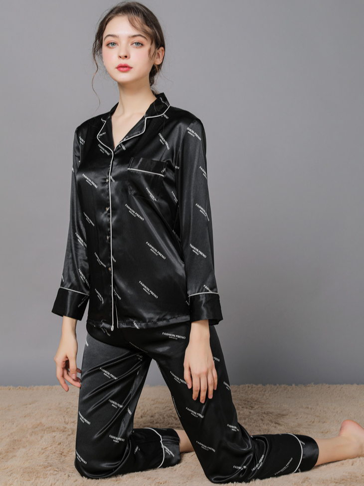 Regular Fit Casual Ice Silk Long Sleeve Couple Pajama Set